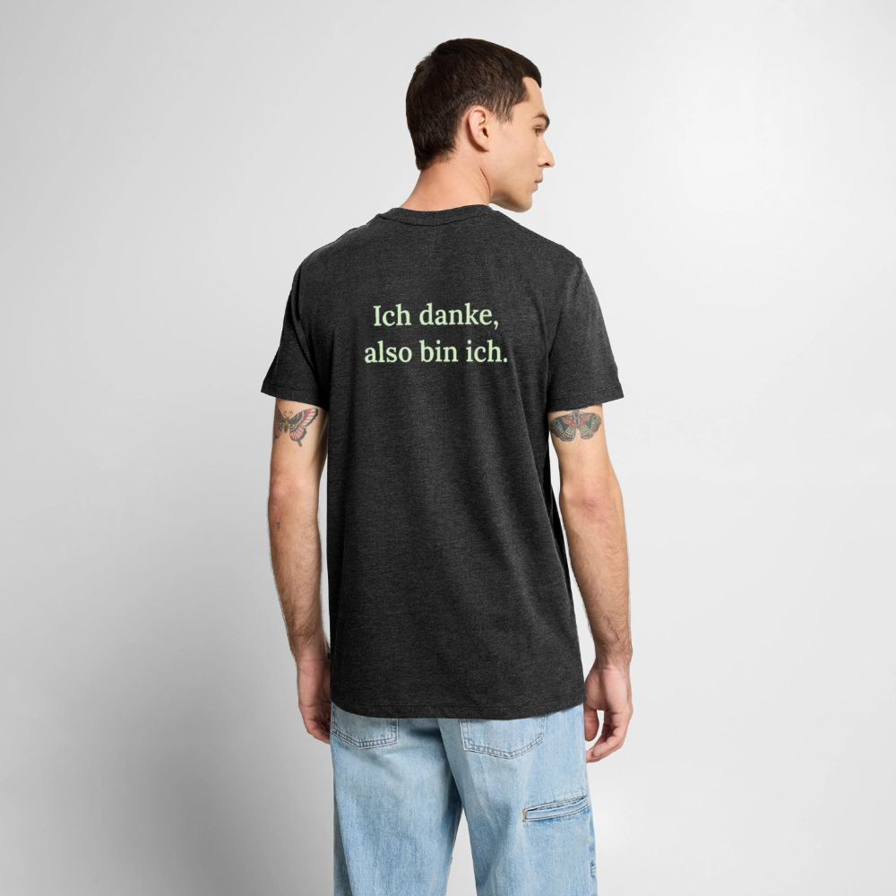 Getragenes Design T-Shirt „Ich danke, also bin ich“ für Herren aus Bio-Baumwolle, Farbe: anthrazit – Dankfabrik.