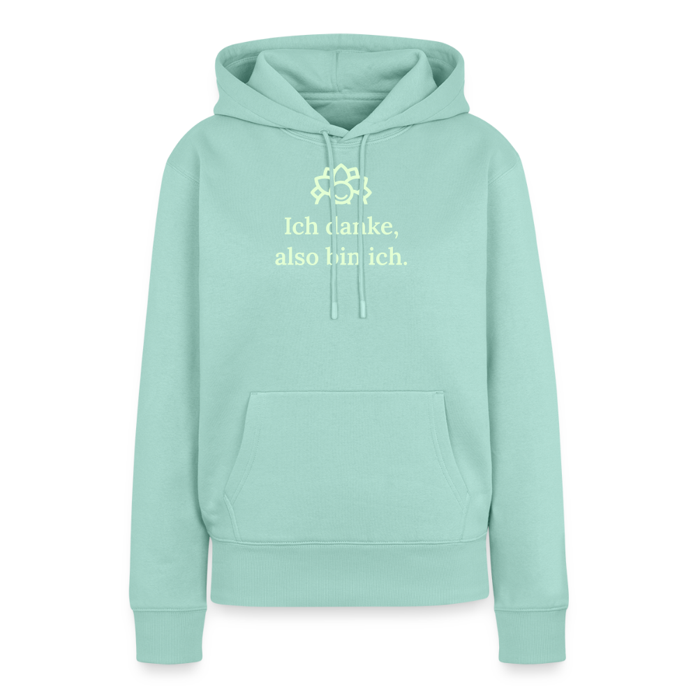 Design-Hoodie „Ich danke, also bin ich“ für Damen aus Bio-Baumwolle, leuchtende Farbe: türkis – Dankfabrik.