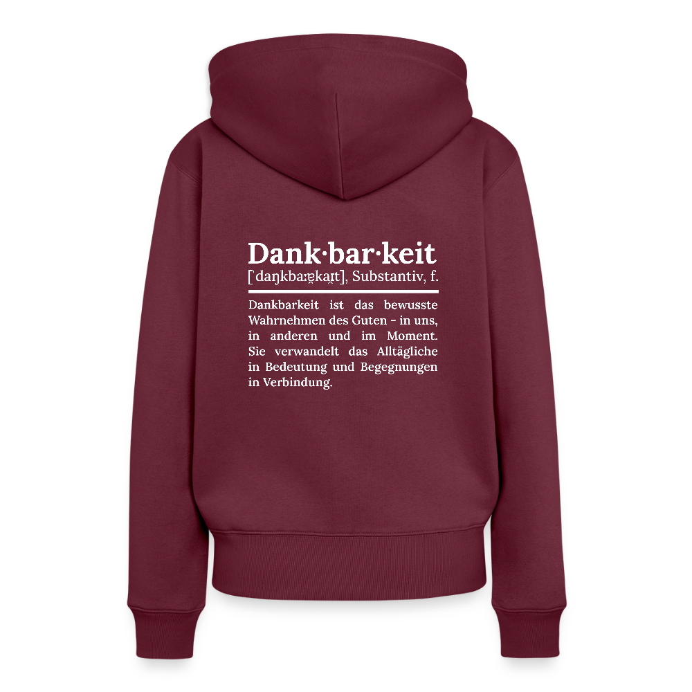 Design-Hoodie „Dankbarkeit“ für Damen aus Bio-Baumwolle, Farbe: burgunderrot – Dankfabrik.