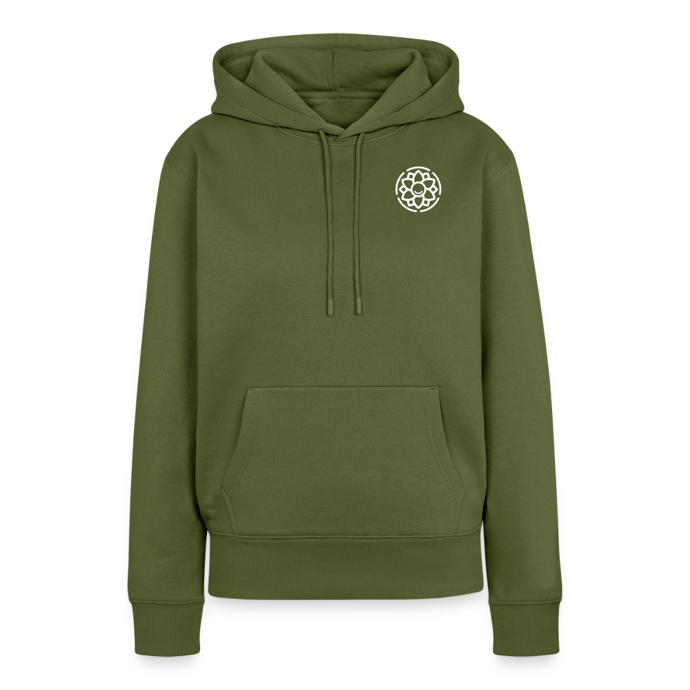 Design-Hoodie „Dankbarkeit“ für Damen aus Bio-Baumwolle, Farbe: khaki – Dankfabrik.