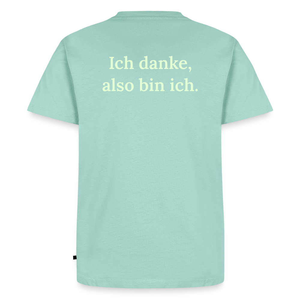 Design T-Shirt „Ich danke, also bin ich“ für Herren aus Bio-Baumwolle, Farbe: türkis – Dankfabrik.