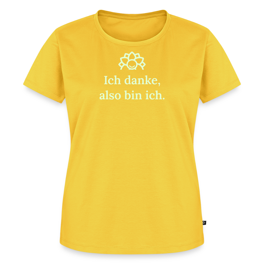 Design T-Shirt „Ich danke, also bin ich“ für Damen aus Bio-Baumwolle, leuchtende Farbe: gelb – Dankfabrik.