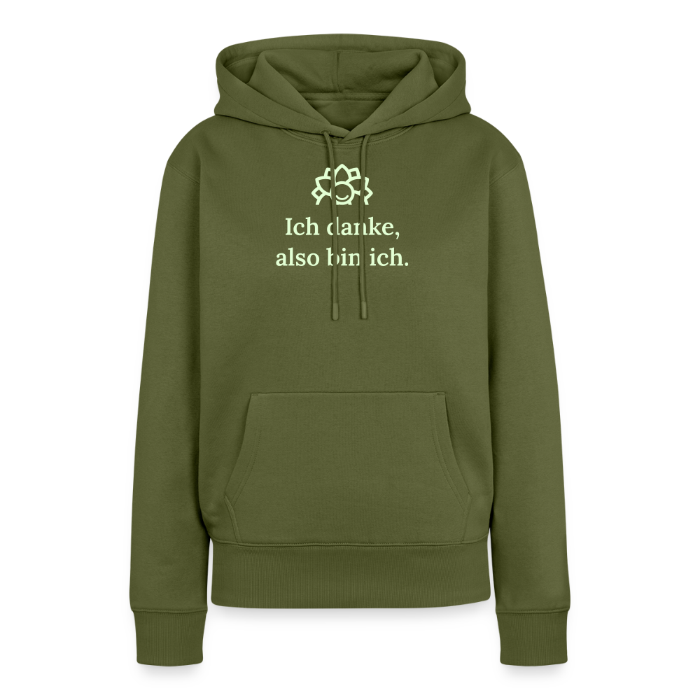 Design-Hoodie „Ich danke, also bin ich“ für Damen aus Bio-Baumwolle, leuchtende Farbe: khaki – Dankfabrik.