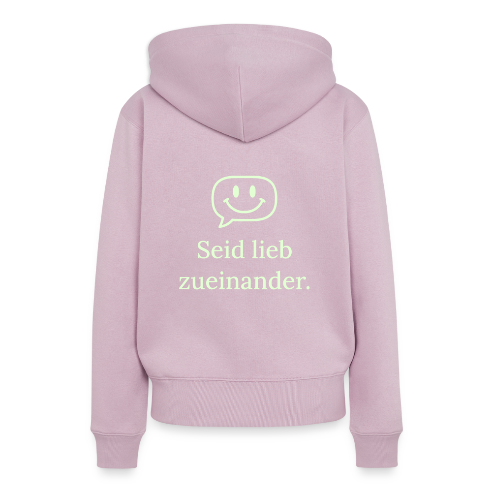 Design Hoodie „Seid lieb zueinander“ für Damen aus Bio-Baumwolle, Farbe: rosa – Dankfabrik.