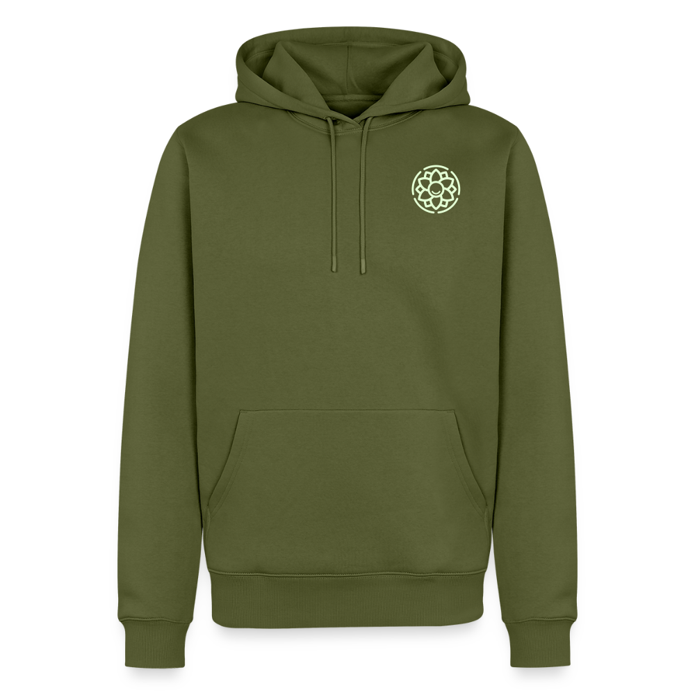 Design Hoodie „Seid lieb zueinander“ für Herren aus Bio-Baumwolle, Farbe: khaki – Dankfabrik.