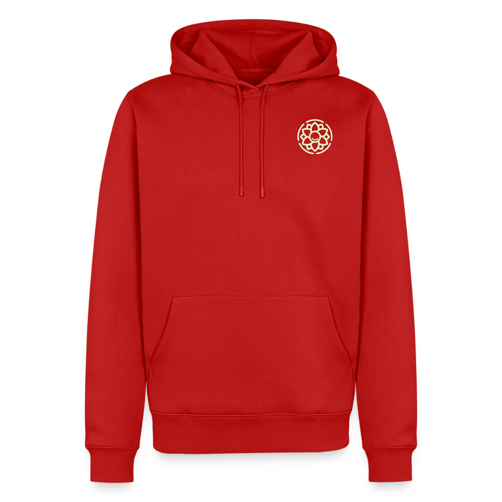 Design Hoodie „Seid lieb zueinander“ für Herren aus Bio-Baumwolle, Farbe: rot – Dankfabrik.