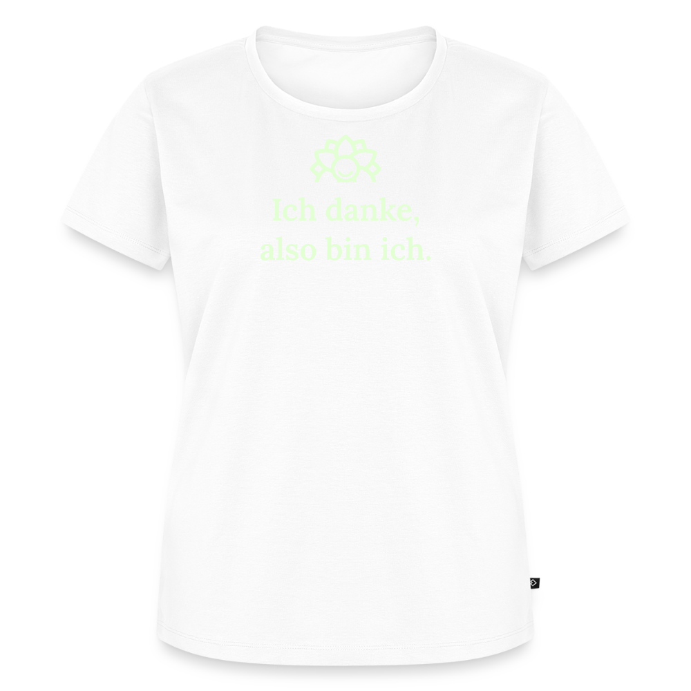 Design T-Shirt „Ich danke, also bin ich“ für Damen aus Bio-Baumwolle, leuchtende Farbe: weiß – Dankfabrik.