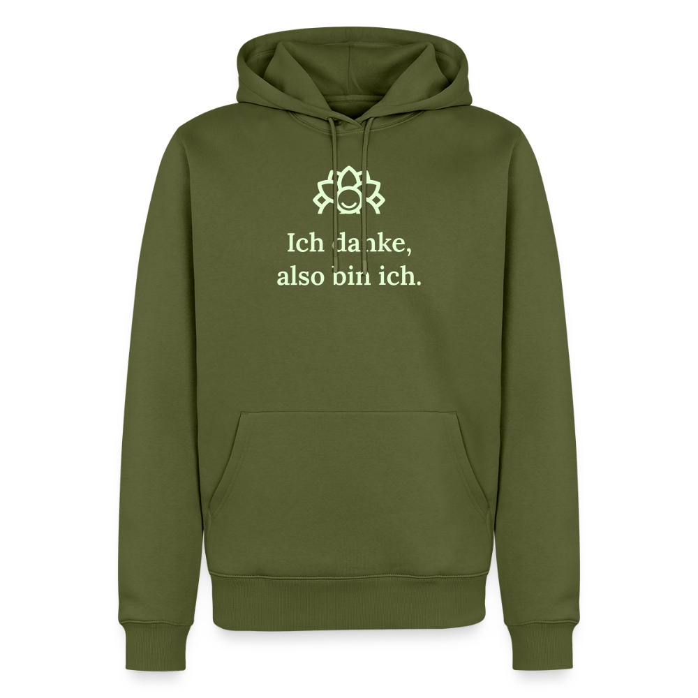 Design Hoodie „Ich danke, also bin ich“ für Herren aus Bio-Baumwolle, leuchtende Farbe: khaki – Dankfabrik.
