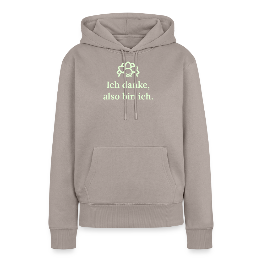 Design-Hoodie „Ich danke, also bin ich“ für Damen aus Bio-Baumwolle, leuchtende Farbe: beige – Dankfabrik.