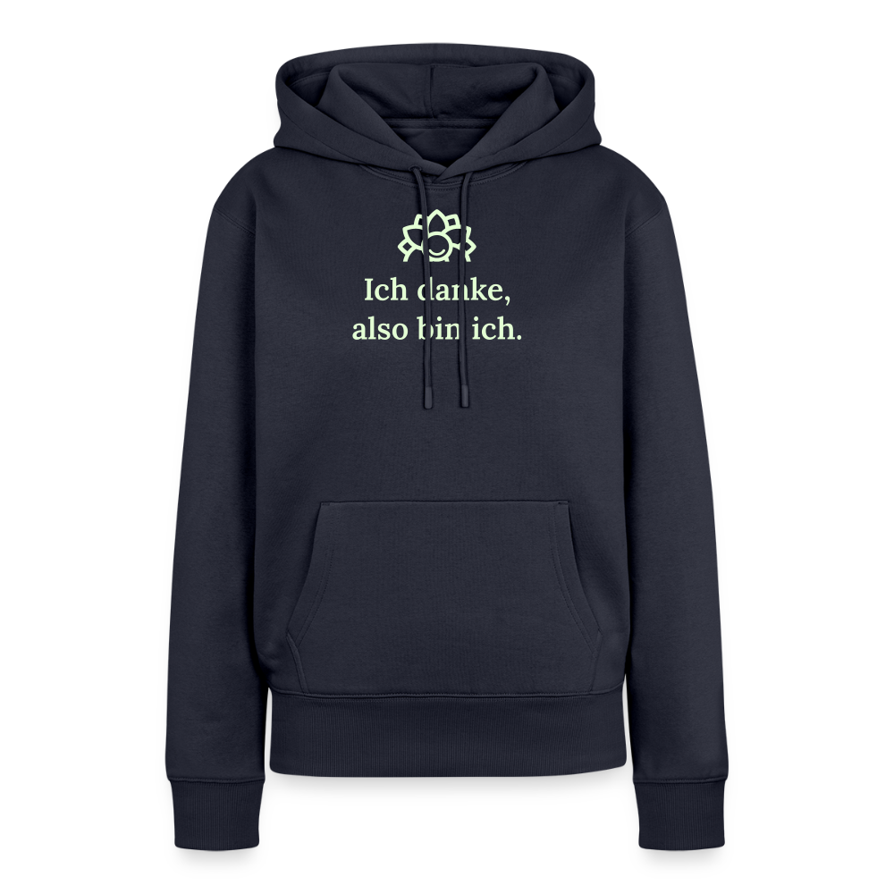 Design-Hoodie „Ich danke, also bin ich“ für Damen aus Bio-Baumwolle, leuchtende Farbe: navy-blau – Dankfabrik.