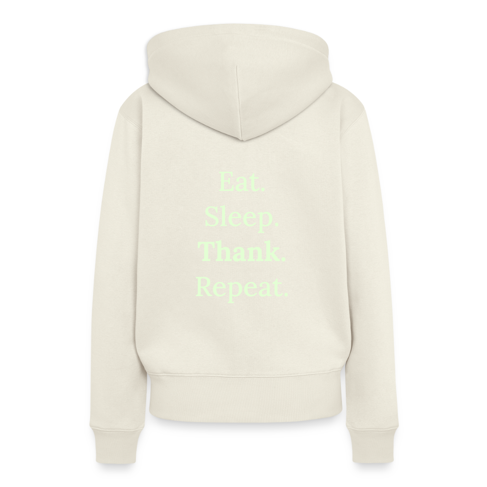 Design-Hoodie „Eat. Sleep. Thank. Repeat.“ für Damen aus Bio-Baumwolle, Farbe: weiß - Dankfabrik.