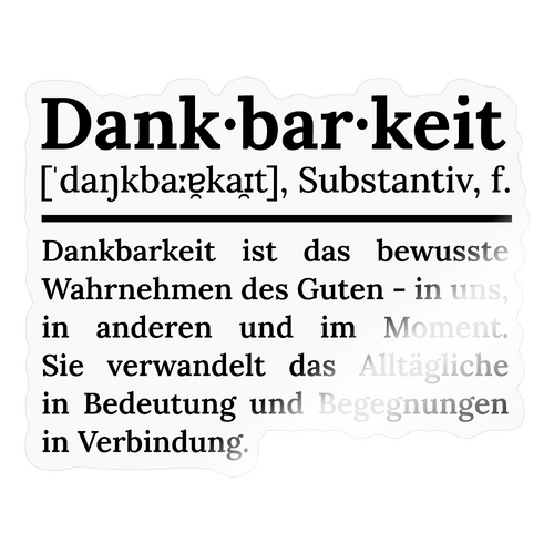 Design-Sticker „Dankbarkeit“ aus Vinyl, transparent glänzend zur Veredelung von Laptop und Notizbuch.