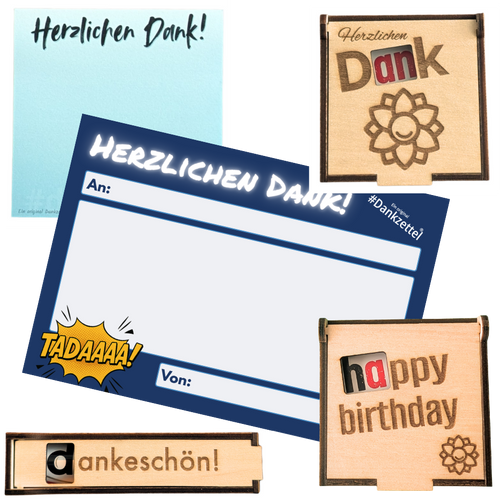 Bundle der Dankfabrik aus hochwertigen Holzboxen und Dankzetteln. Für Wertschätzung, Dankbarkeit und Geburtstage. Nachhaltige Aufbewahrung von Dankfabrik.
