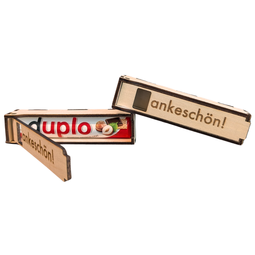 Hochwertige Dankeschön Duplo Box aus Echtholz mit Gravur. Nachhaltige Aufbewahrung von Dankfabrik für mehr Wertschätzung.