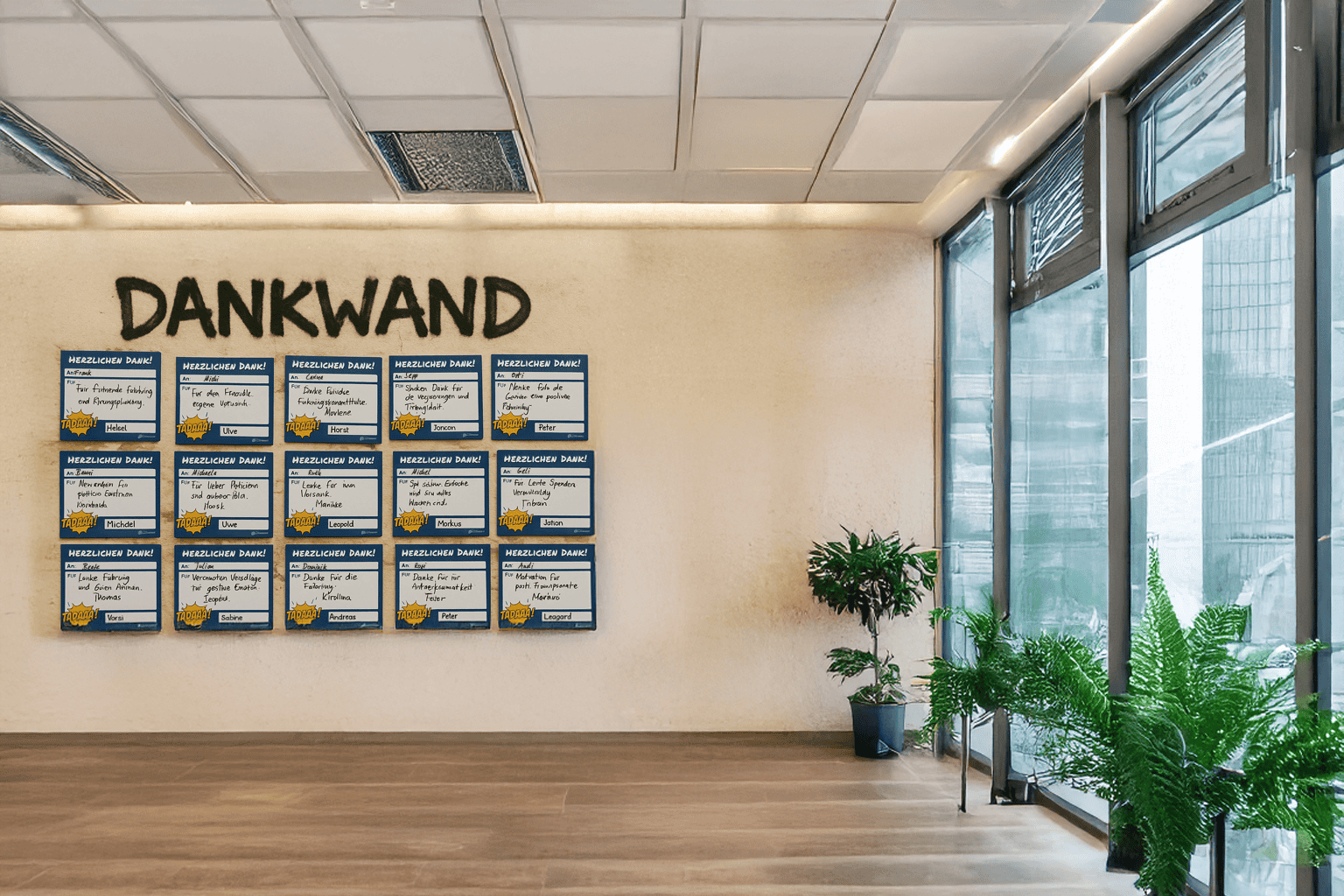 Dankwand bestehend aus großen Dankzetteln, um Wertschätzung sichtbar zu zeigen.
