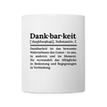 Design-Tasse „Dankbarkeit“ aus weißer Keramik, ideal als Geschenk von Dankfabrik.