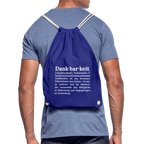 Getragener Design-Turnbeutel „Dankbarkeit“ in blau aus Bio-Baumwolle. Nachhaltiger Stoffbeutel als treuer Alltagsbegleiter.