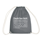 Design-Turnbeutel „Dankbarkeit“ in grau aus Bio-Baumwolle. Nachhaltiger Stoffbeutel als treuer Alltagsbegleiter.