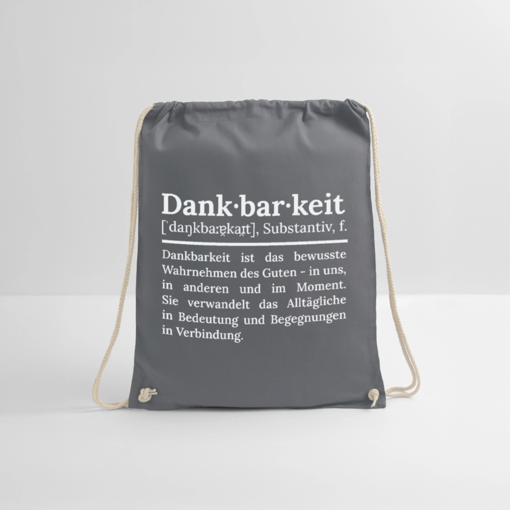Design-Turnbeutel „Dankbarkeit“ in grau aus Bio-Baumwolle. Aufgestellter nachhaltiger Stoffbeutel als treuer Alltagsbegleiter.