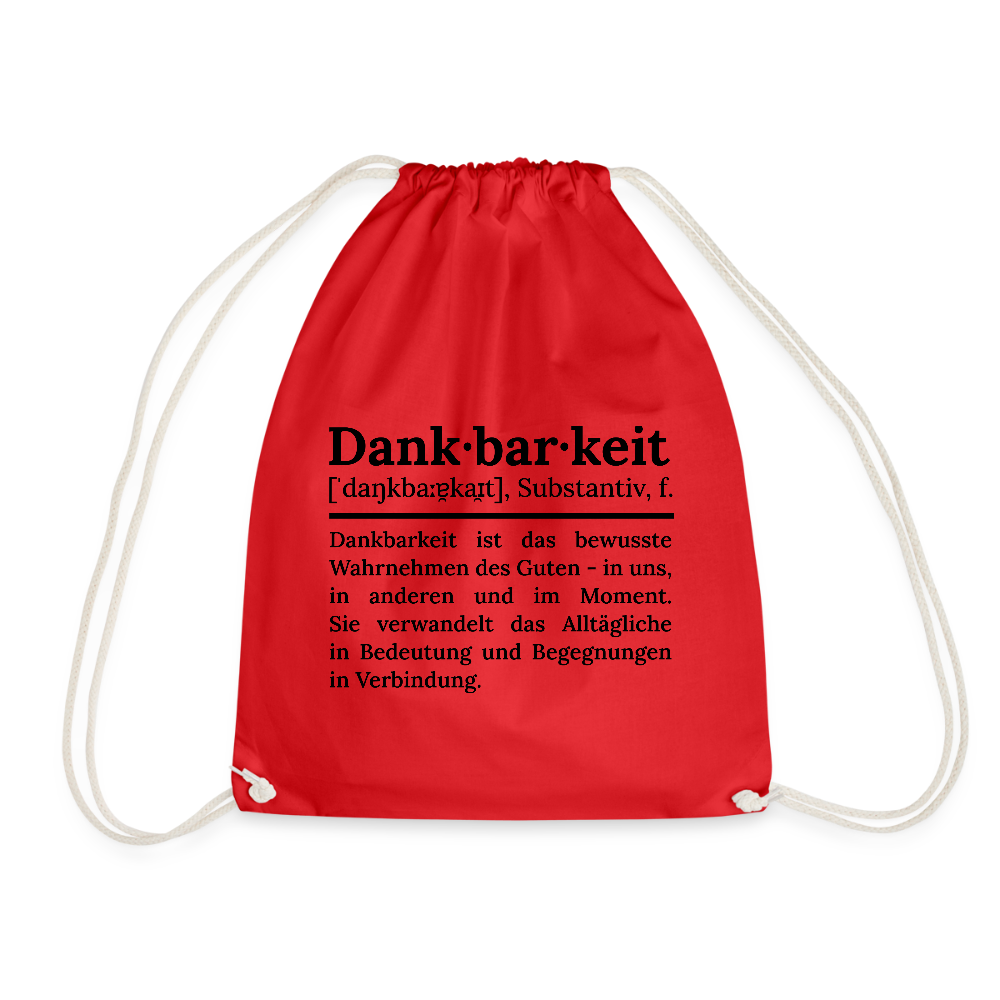 Design-Turnbeutel „Dankbarkeit“ in hellrot aus Bio-Baumwolle. Nachhaltiger Stoffbeutel als treuer Alltagsbegleiter.
