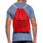 Getragener Design-Turnbeutel „Dankbarkeit“ in hellrot aus Bio-Baumwolle. Nachhaltiger Stoffbeutel als treuer Alltagsbegleiter.