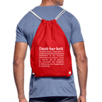 Getragener Design-Turnbeutel „Dankbarkeit“ in rot aus Bio-Baumwolle. Nachhaltiger Stoffbeutel als treuer Alltagsbegleiter.