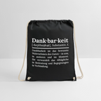 Design-Turnbeutel „Dankbarkeit“ in schwarz aus Bio-Baumwolle. Aufgestellter nachhaltiger Stoffbeutel als treuer Alltagsbegleiter.